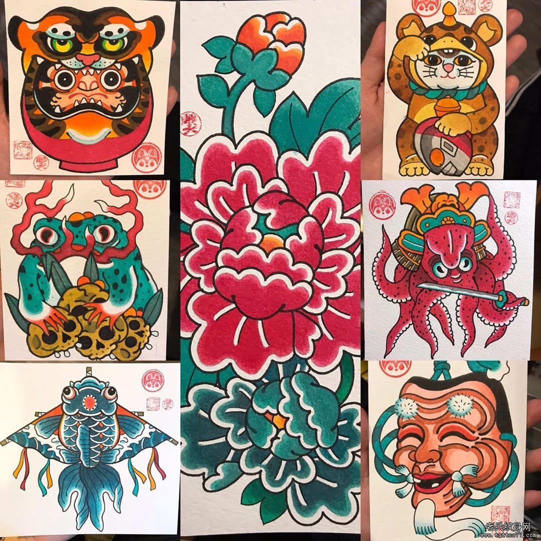传统彩色日式小图纹身手稿