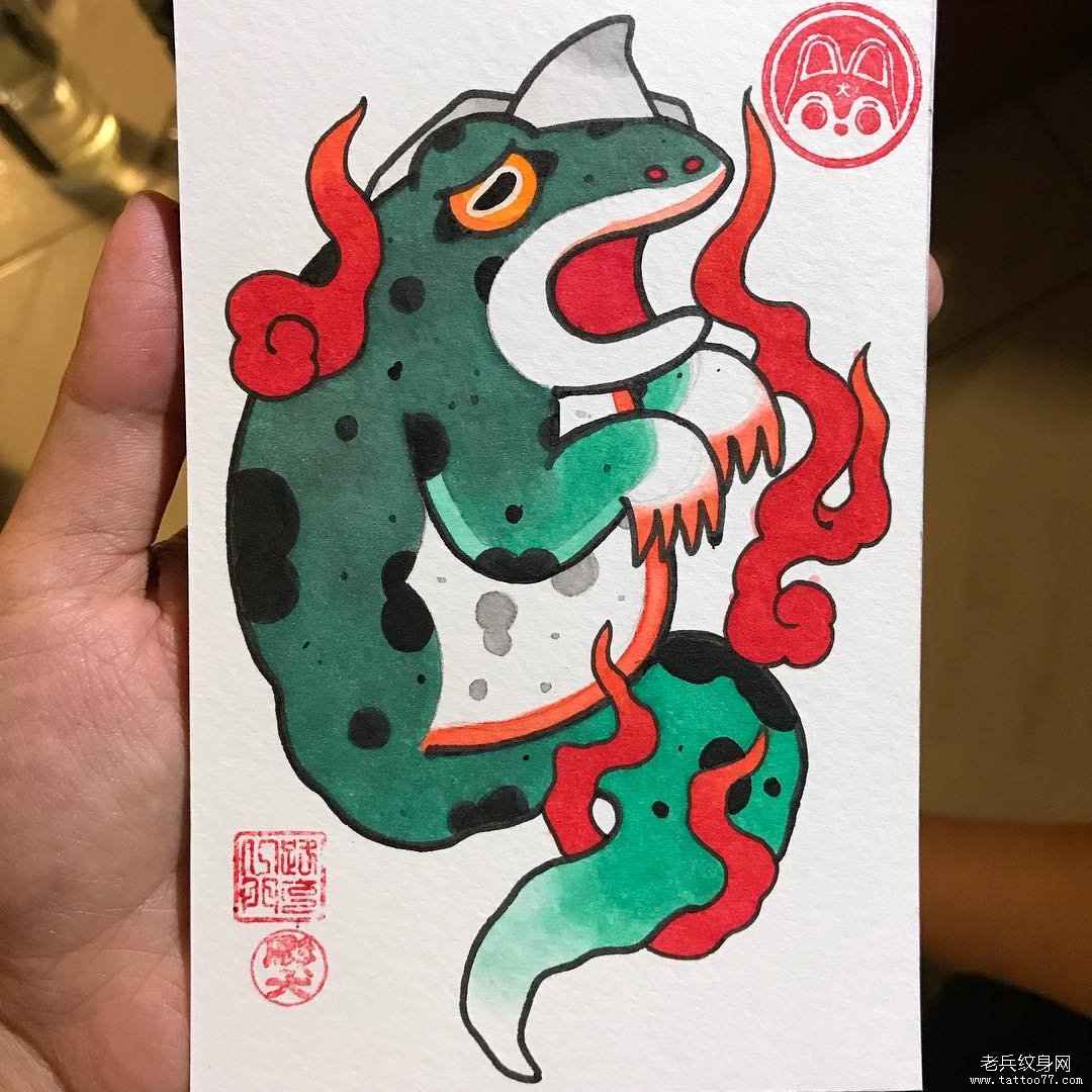 传统日式彩色青蛙纹身手稿