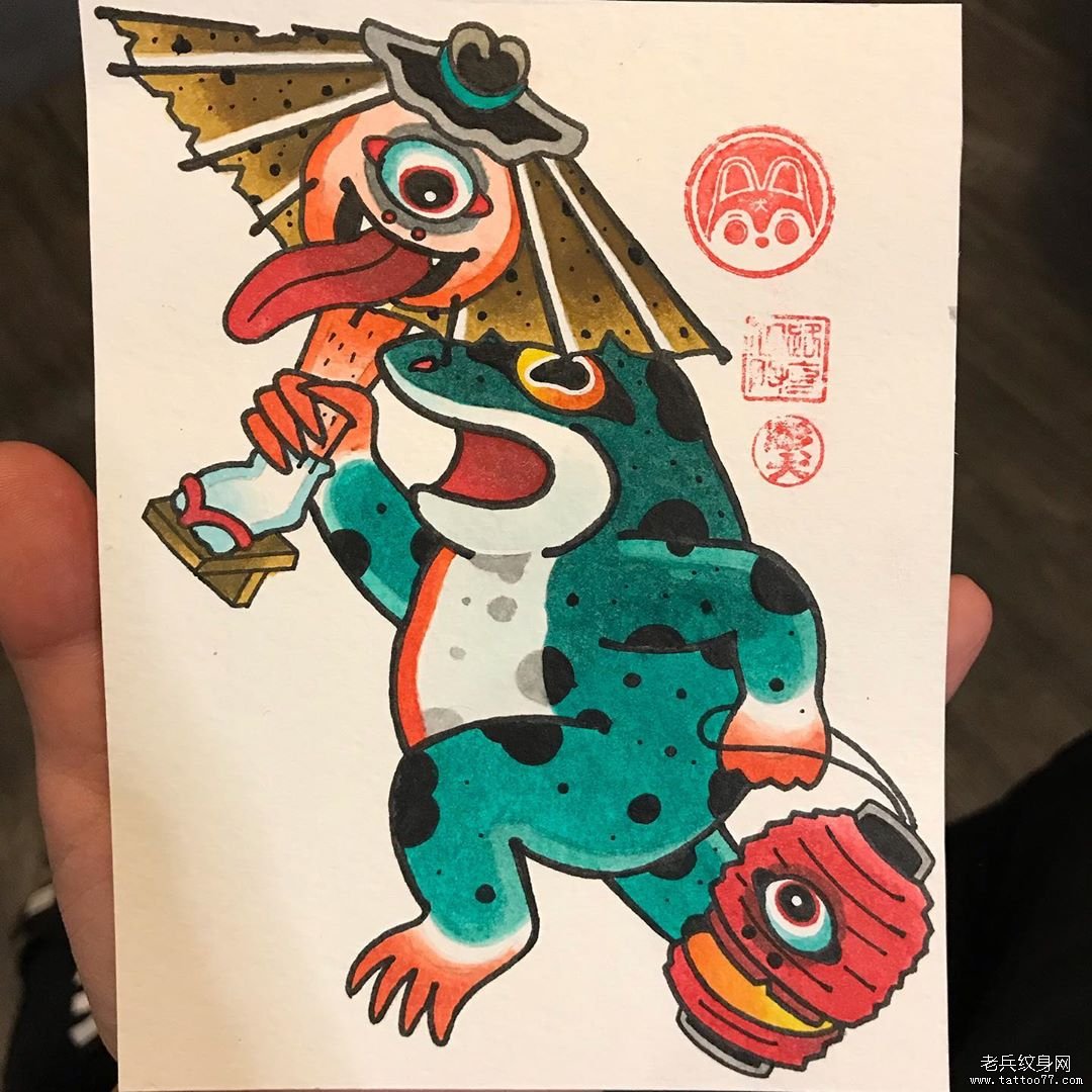 日式彩色青蛙伞妖纹身手稿