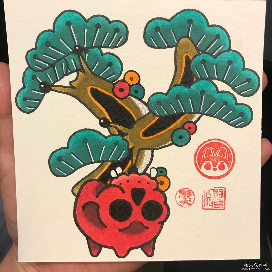 彩色传统树纹身手稿