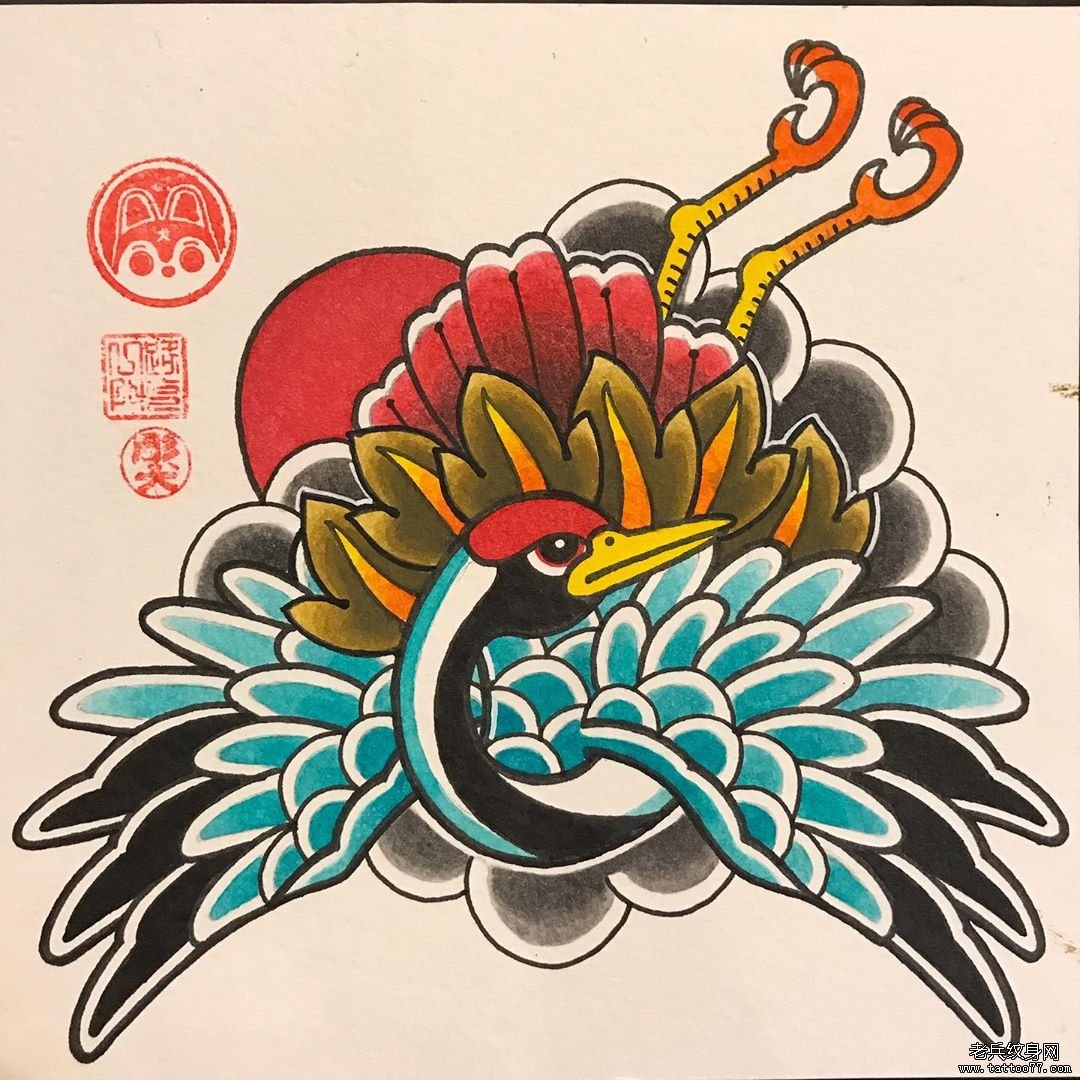 个性传统鹤纹身手稿
