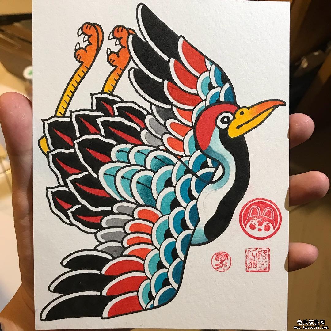 传统彩色个性鹤纹身手稿