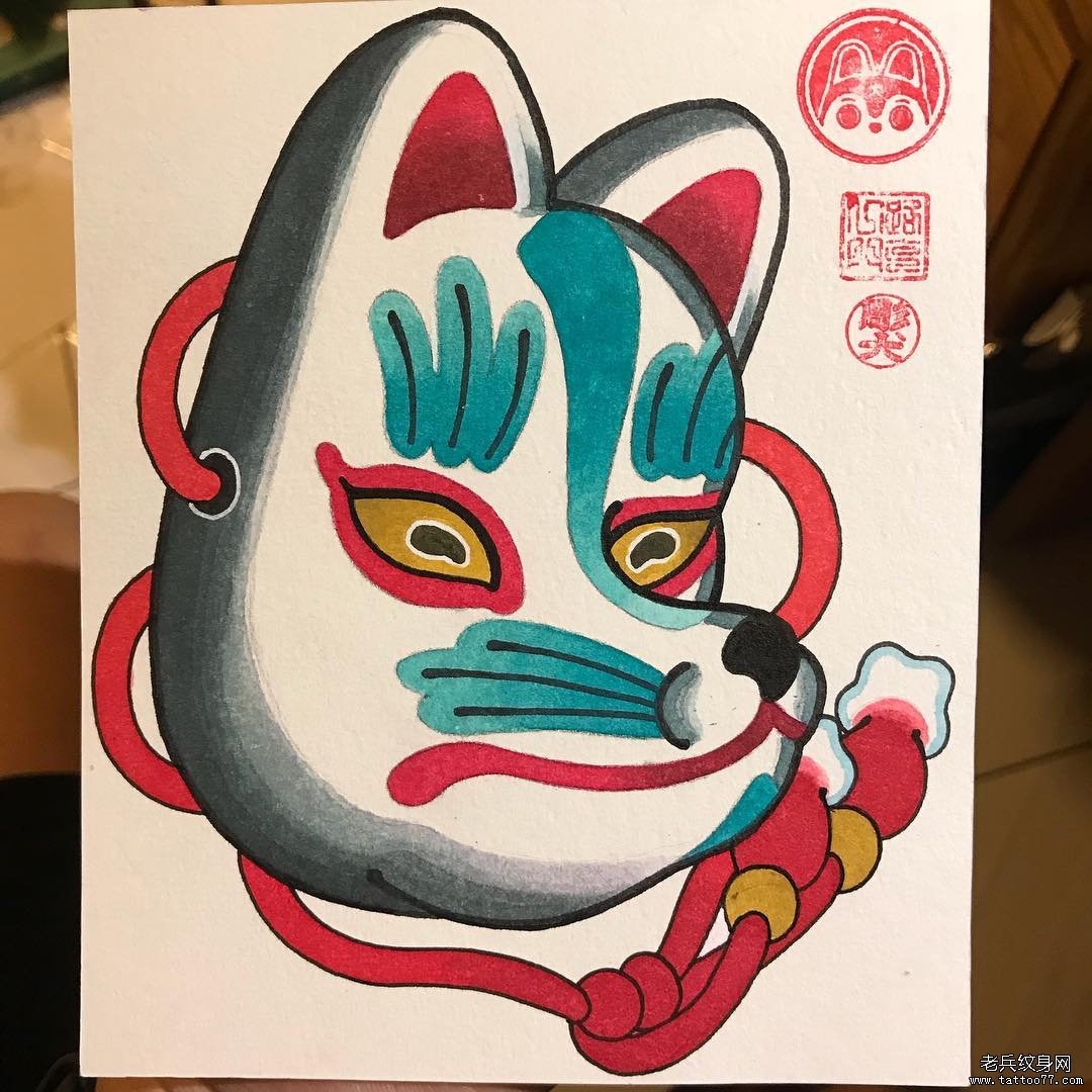 彩色个性狐狸面具纹身手稿