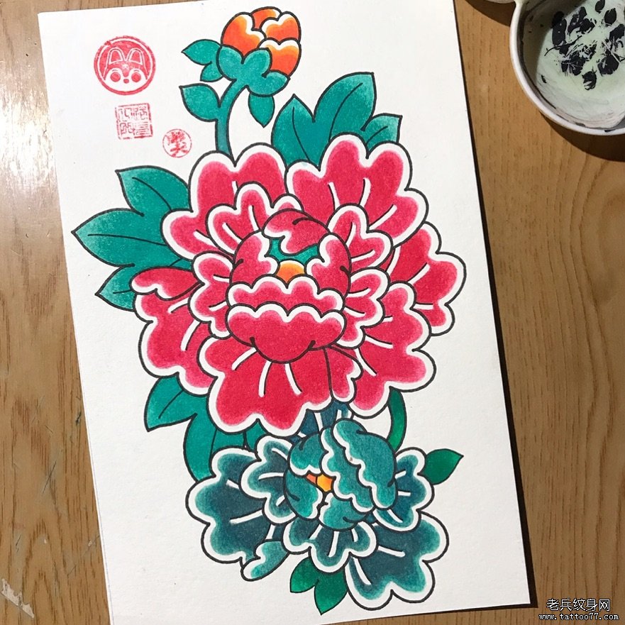 个性彩色传统花纹身手稿