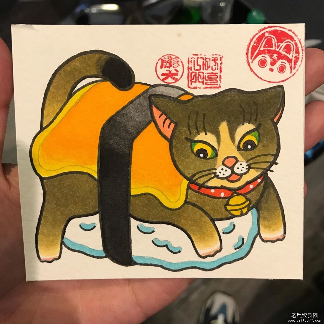 个性传统猫纹身手稿