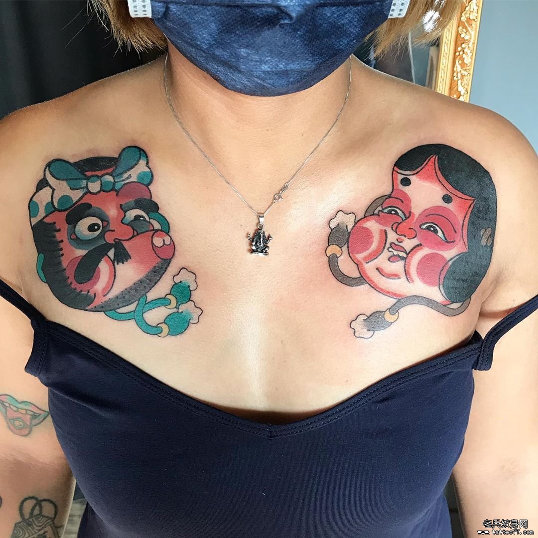 胸口个性日式多福纹身图案