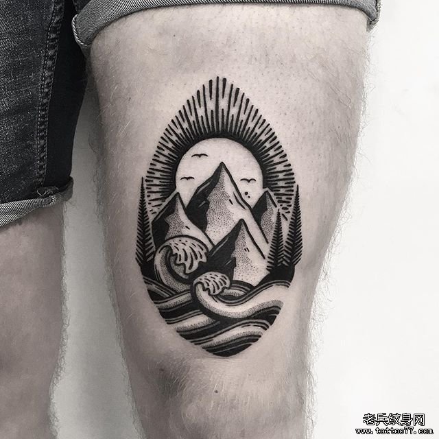腿部个性几何风景纹身图案