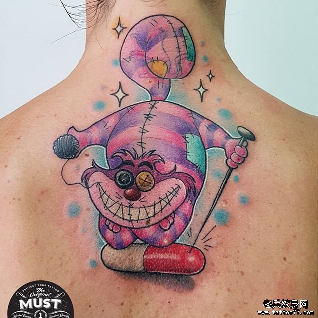 后脖子个性彩色卡通猫纹身图案