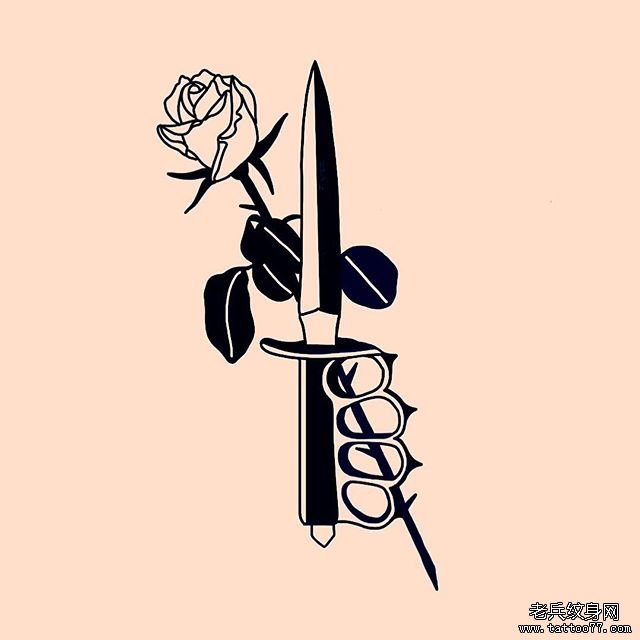 个性匕首玫瑰纹身手稿