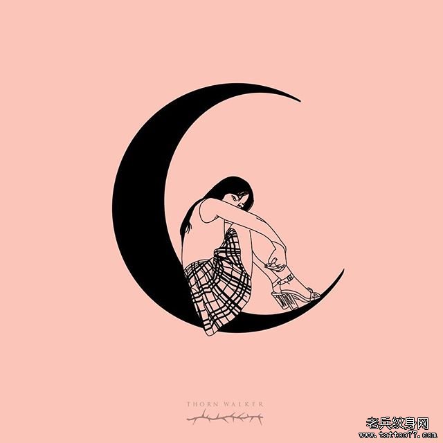 月亮女孩个性纹身手稿