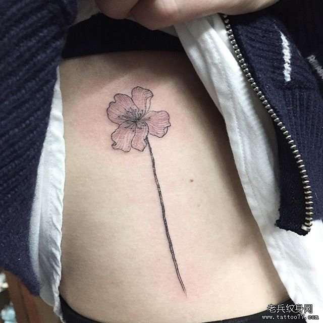 侧腰 花卉 黑灰文身