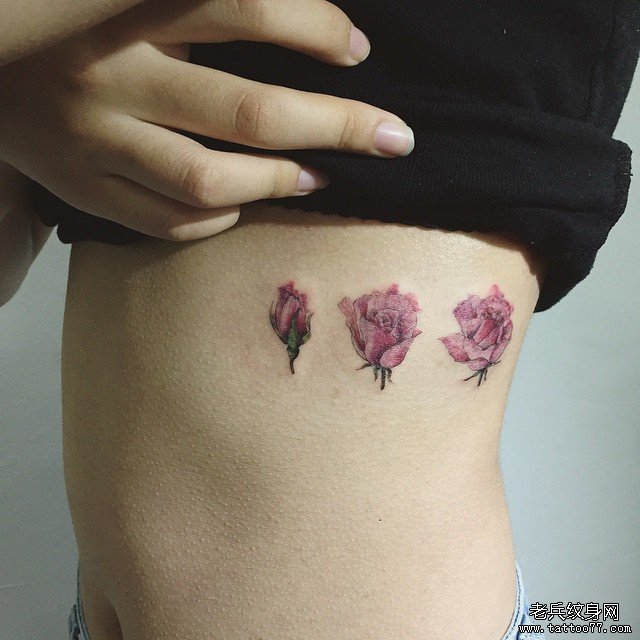 侧腰 玫瑰花 彩色纹身