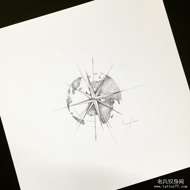 地球 指南针 纹身手稿