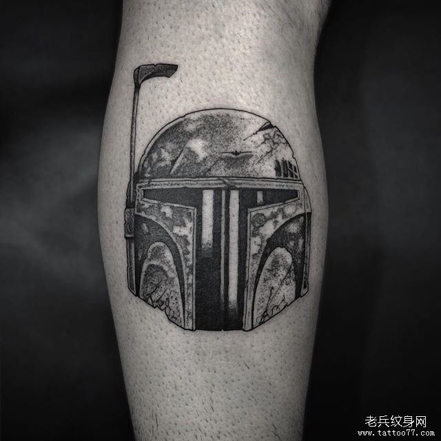 腿部个性黑灰头盔纹身