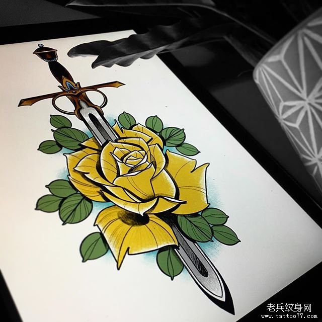 匕首玫瑰纹身手稿