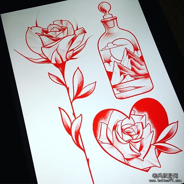 玫瑰爱心瓶子纹身