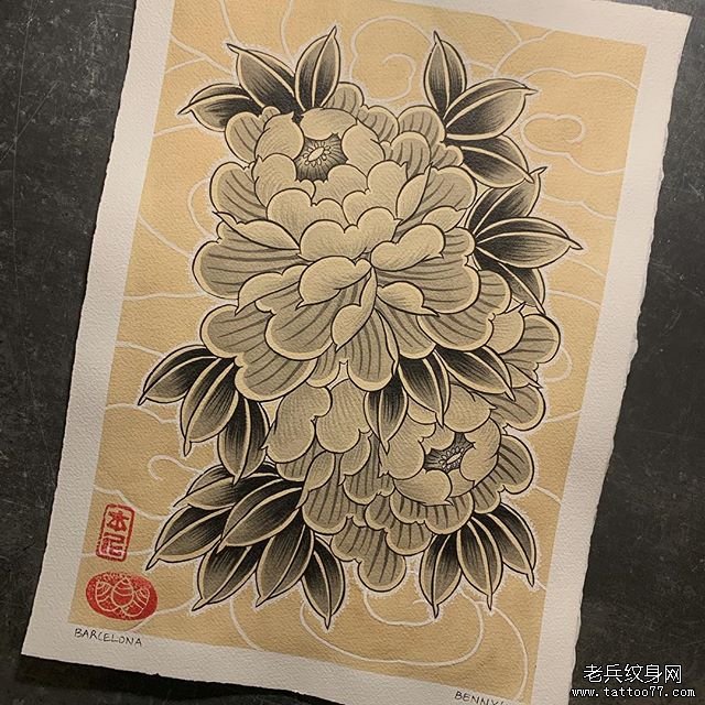 黑灰牡丹纹身手稿