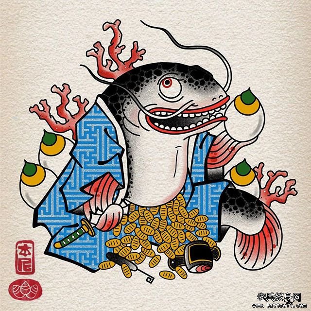 日式鱼珠宝纹身手稿