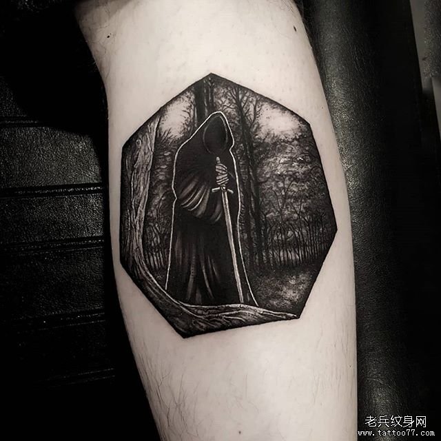 腿部暗黑死神纹身