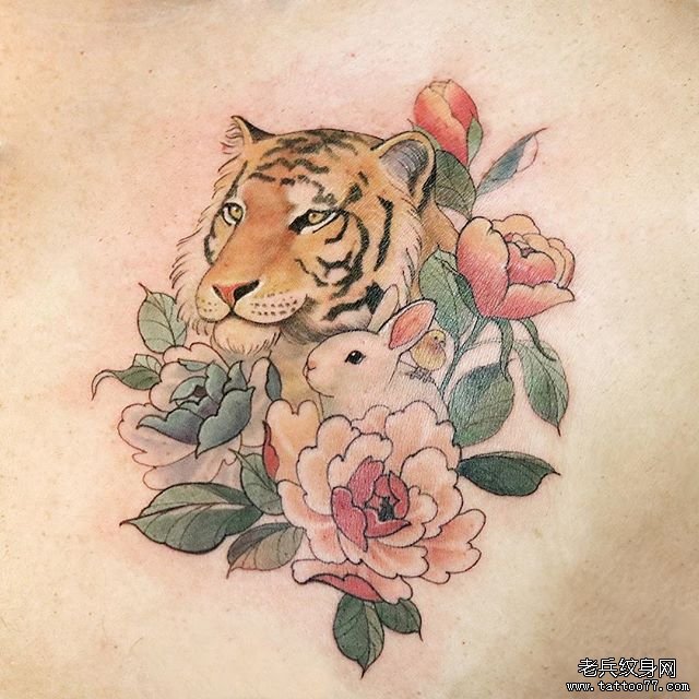 胸口个性彩色老虎纹身