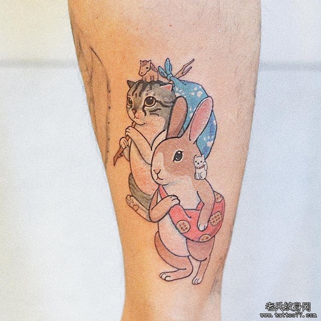 手臂日式彩色兔子纹身