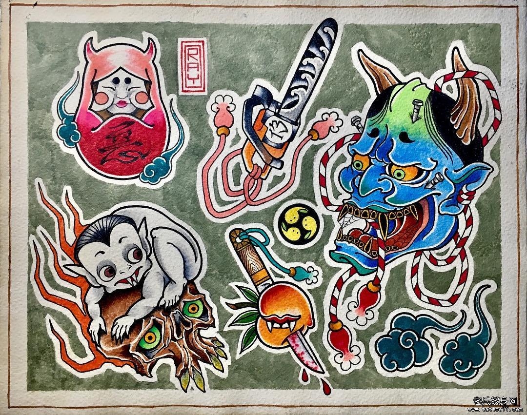 个性彩色日式纹身手稿