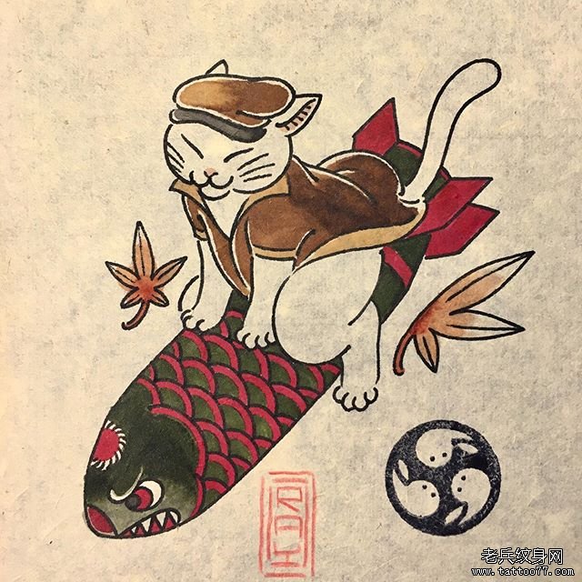 日式猫咪鱼个性纹身手稿