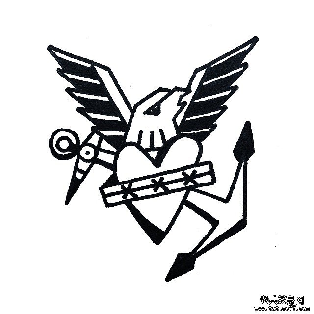 老鹰爱心船锚纹身手稿