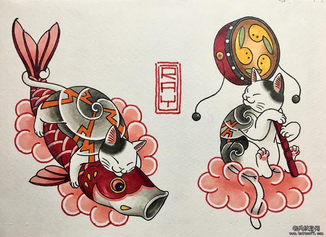 日式猫咪鱼纹身手稿