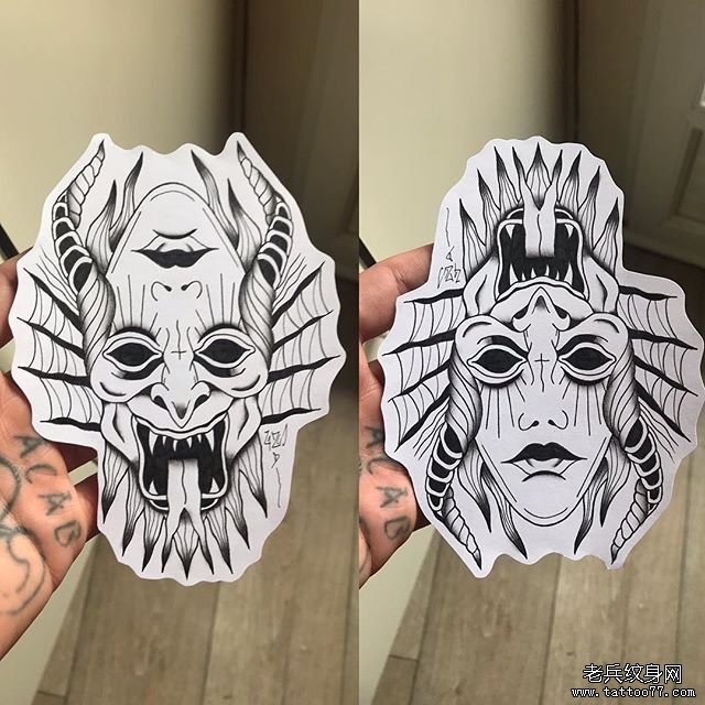 欧美暗黑情侣面具纹身手稿