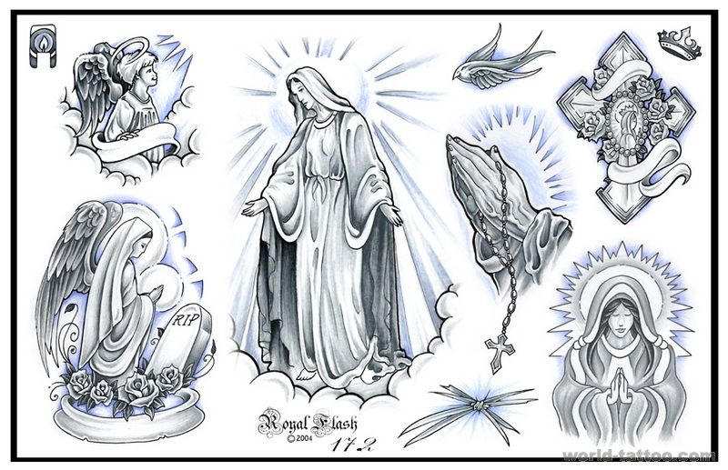 宗教纹身图案大全：圣母佛手十字架纹身图案图片