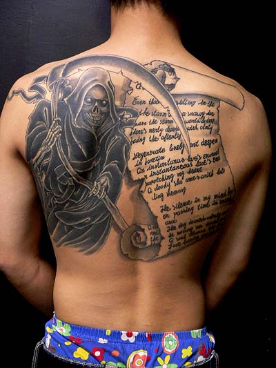 武汉老兵培训学习学校介绍满背死神文字纹身图案图片（tattoo)