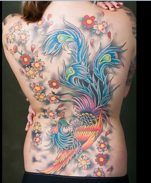 武汉纹身学校：满背凤凰樱花纹身图案图片（tattoo)