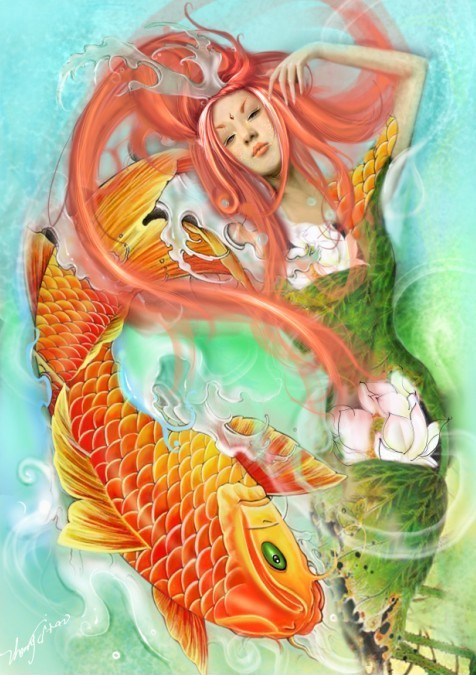 美人鱼，鲤鱼纹身图案
