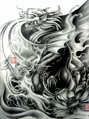 武汉专业纹身店：貔貅莲花纹身图案图片