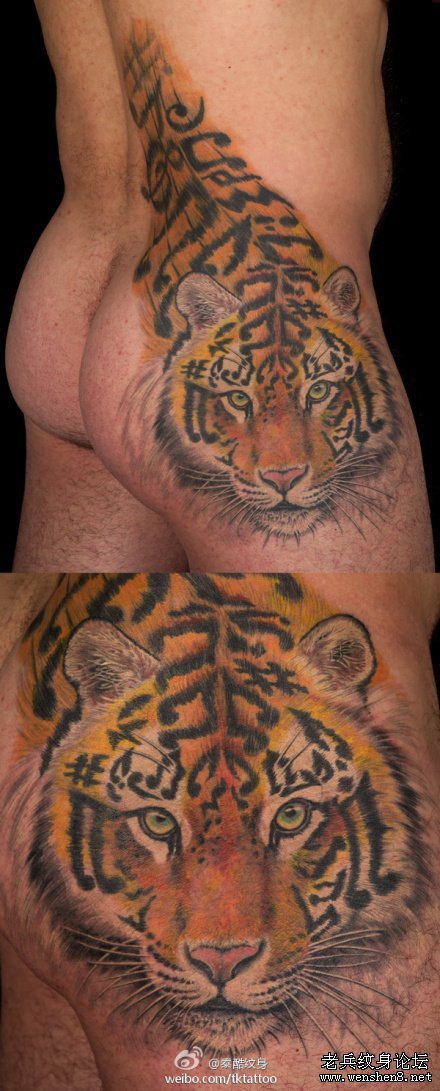 老虎纹身图案大全：彩色老虎头纹身图案纹身图片