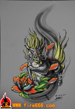 传统莲花麒麟纹身图案
