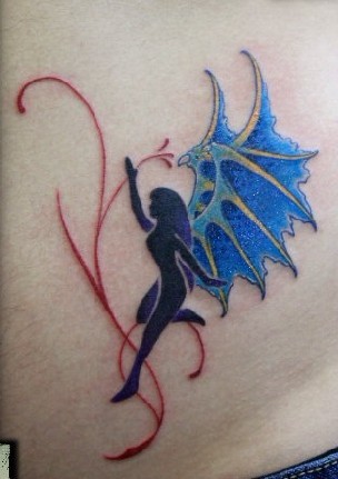 腹部纹身图案大全：腹部彩色天使翅膀纹身图案纹身图片