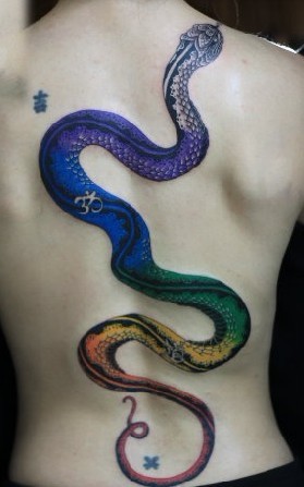 蛇纹身图案大全：背部彩色蛇纹身图案纹身图片