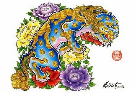 神兽纹身图案：半胛神兽彩色唐狮纹身图案纹身图片
