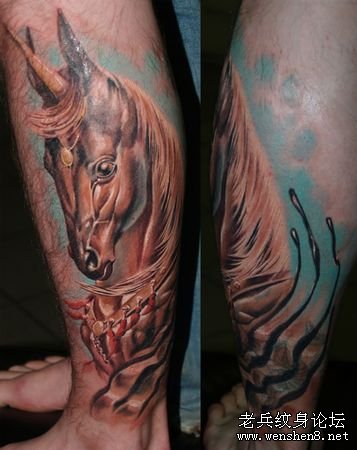 独角兽纹身图案：腿部3D彩色独角兽纹身图案纹身图片