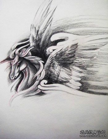 独角兽纹身图案：一款独角兽翅膀纹身素材纹身图案图片