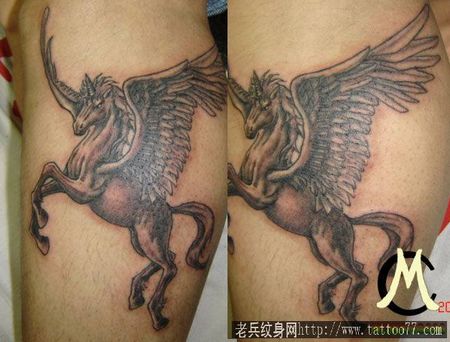 独角兽纹身图案：腿部独角兽翅膀纹身图案纹身图片