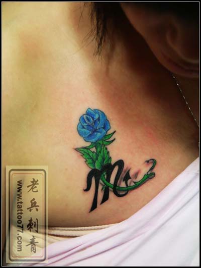 一款美女胸部彩色玫瑰花星座图标纹身图案纹身图片