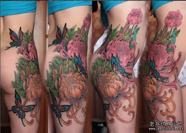 性感的美女臀部彩色菊花蝴蝶纹身图案图片