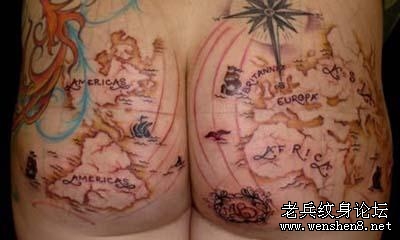 臀部的一款地图纹身图案纹身图片