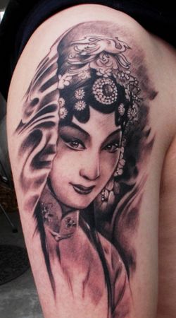 花旦纹身图案：手臂古典戏剧美女花旦纹身图案纹身图片