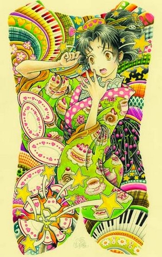 满背纹身图案：满背彩色卡通女孩美女纹身图案纹身图片