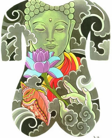 满背佛纹身图案：满背彩色佛莲花纹身图案纹身图片
