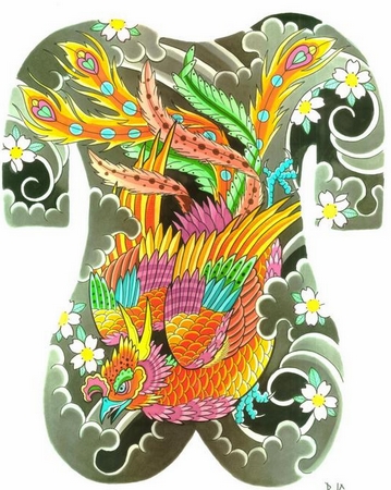 凤凰纹身图案：满背彩色凤凰樱花纹身图案纹身图片